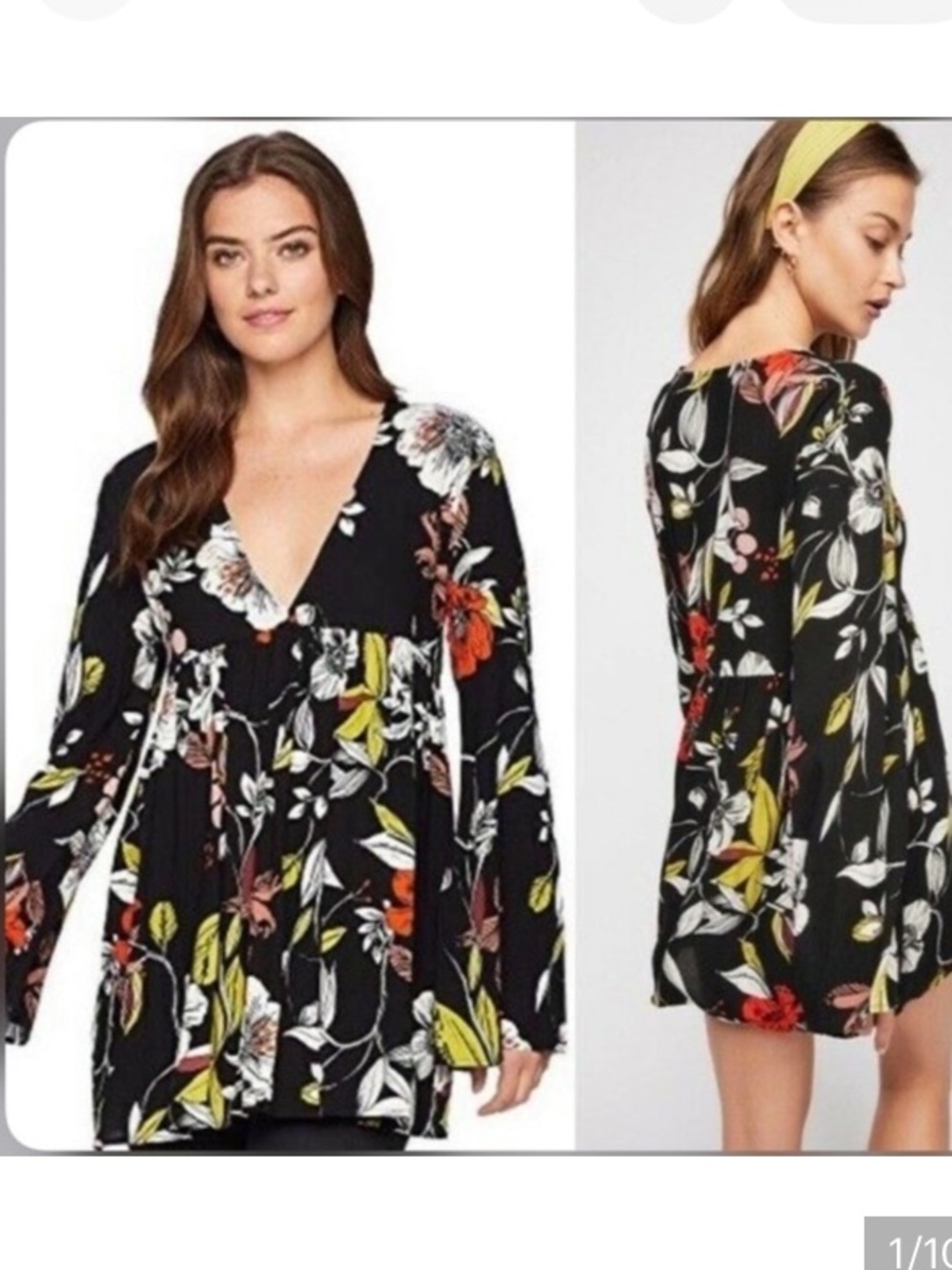 Free People Black Floral V-Neck Babydoll Dress